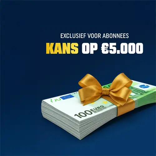 Kans op 5000 euro voor abonnees met een stapel geld en een gouden strik.