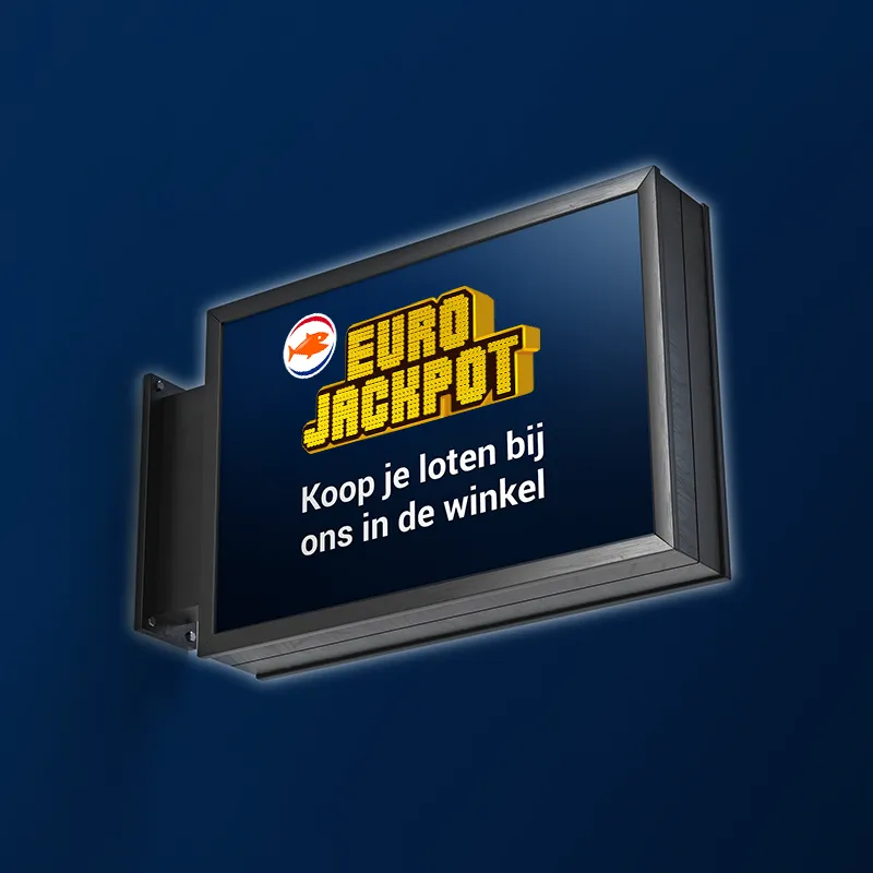 Reclamebord voor Eurojackpot met de tekst 'Koop jeloten bij ons in de winkel'.