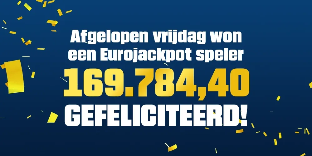 Aankondiging van Eurojackpot winnaar met feestelijke confetti en testo van de prijs 169784,40