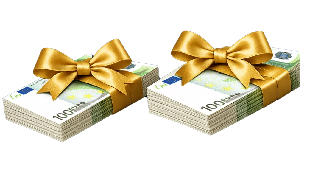 Twee stapels euro's met gouden strikken