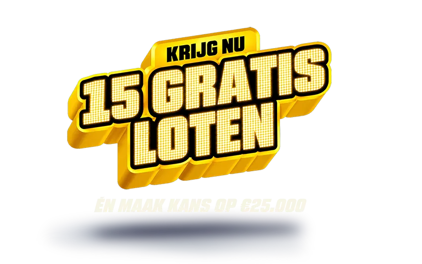Een afbeelding met de tekst 'Krijg nu 15 gratis loten' in grote gele letters.