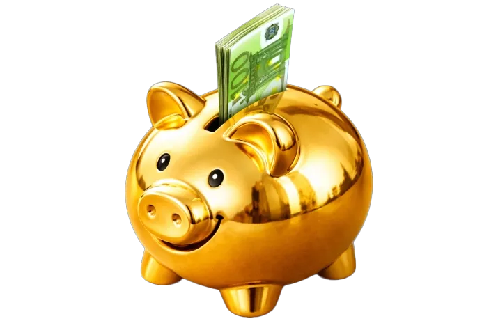 Gouden spaarvarken met een stapel eurobiljetten erin