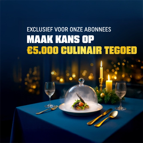 Tafelschikking met een deksel op een bord en kaarslicht, met de tekst 'Maak kans op 5000 euro culinair tegoed'