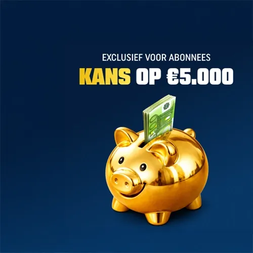 Gouden spaarvarken met een biljet erin en tekst over kans op 5000 euro